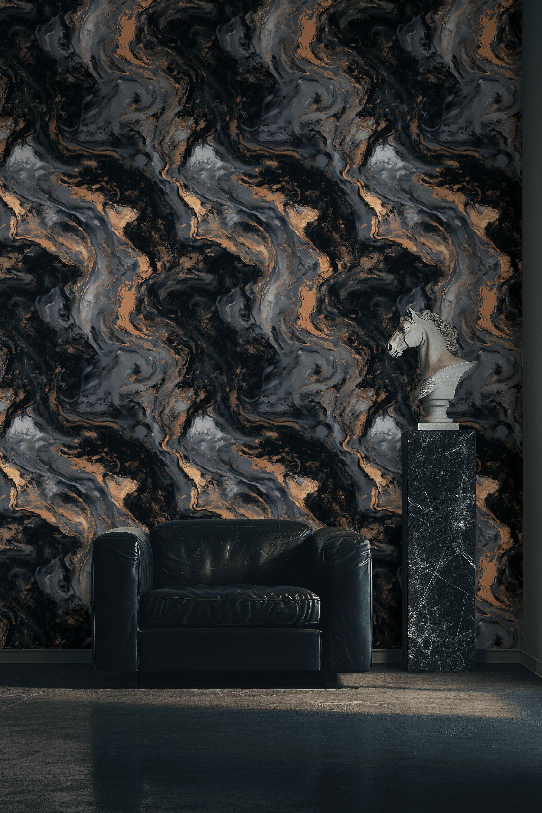 Marble Swirl Wallpaper Black Gold Look Peel and Stick Abstract Wall ...