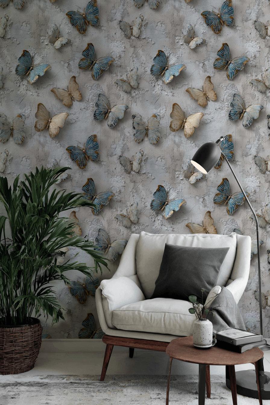 Butterfly Textured Wallpaper Blue Gray Peel and Stick 3D Wall Mural - Etsy