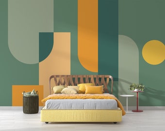 Green Orange Geometric Shapes Wallpaper Self Adhesive Peel & Stick Wall Murals Home Decoration Minimalistic Scandinavian Design Removable