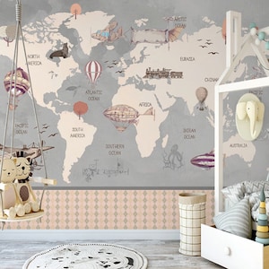 Mapa del Mundo Aviones Fondo de Pantalla Autoadhesivo Peel and Stick Murales De Pared Decoración de Pared Minimalista Escandinavo Extraíble