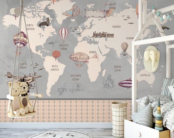 Carte du monde Avions Arrière-plan Papier peint Autocollant Peel and Stick Wall Murals Décoration murale Minimaliste Scandinave Amovible