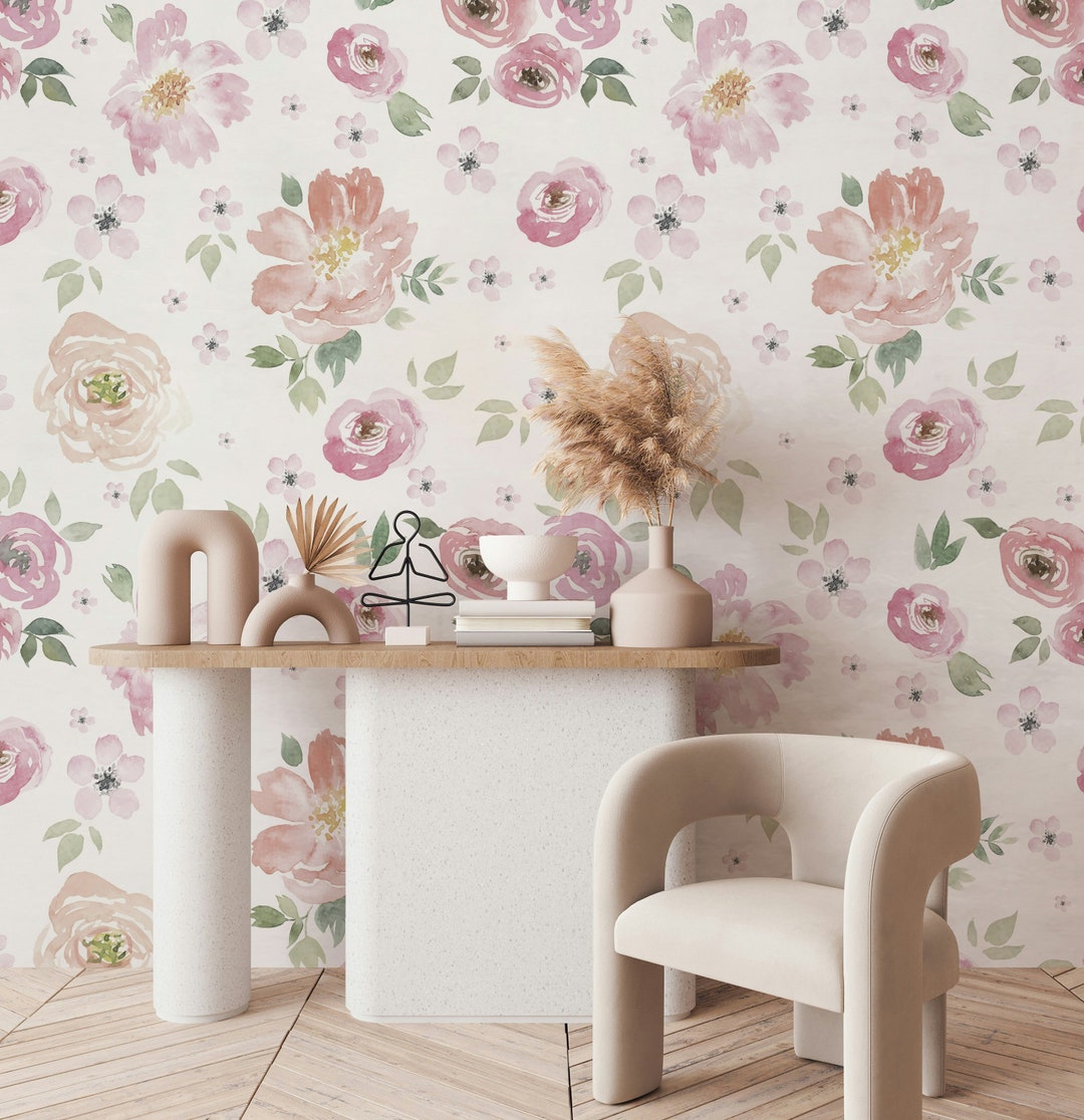 Watercolor Flowers Wallpaper | Pink Floral Peel and Stick Wall Mural ...