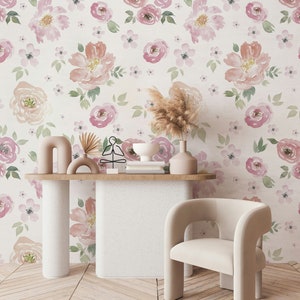 Carta da parati con fiori ad acquerello / Decorazione murale floreale rosa con buccia e bastone / Decorazione della stanza della scuola materna