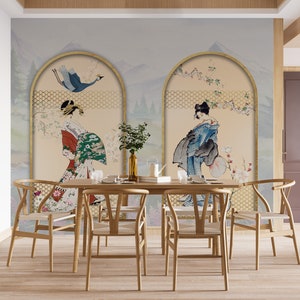 Geisha Wallpaper Japanese Wall Art Asian Girls Wall Decor Beige Peel and Stick