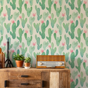 Acquerello rosa floreale cactus verdi design moderno pianta carta da parati autoadesiva staccare e incollare decorazione della parete della casa rimovibile rimovibile