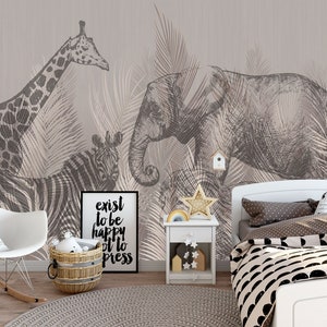 Jirafa Elefante León Cebra Gacela Papel Pintado Autoadhesivo Peel and Stick Wall Mural Decoración de pared Diseño escandinavo Extraíble