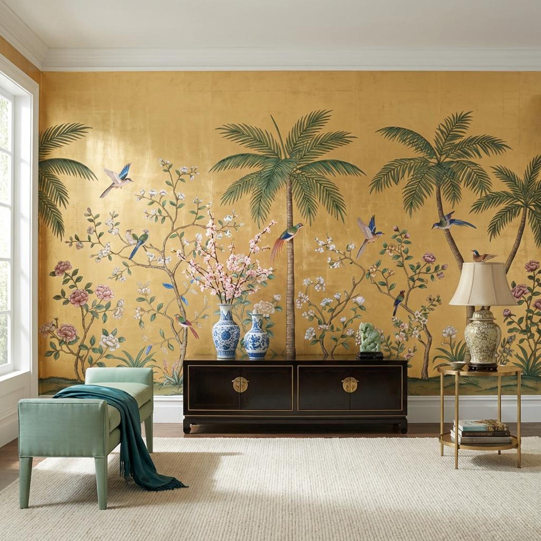 Tropical Bird Wallpaper Mural for Bedroom With Palm Trees - Etsy
