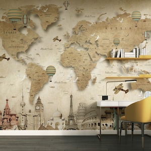 Papel pintado con aspecto 3D de continentes y edificios de ciudades famosos, autoadhesivo, decoración de pared, diseño escandinavo, extraíble