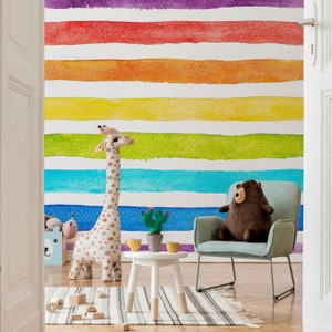 Watercolor Multicolor bright Rainbow Colors Horizontal Stripes Wallpaper Self Adhesive Peel and Stick Wall Decoration Removable