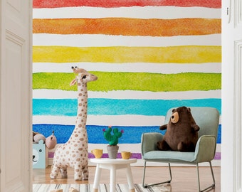 Rainbow Stripes Watercolor Wallpaper, Peel and Stick Removable Wall Decor