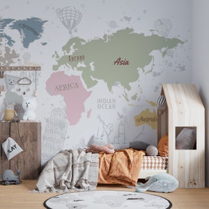 World Map Wallpaper Abstract Architecture Peel and Stick Wall Decoration Nursery Removable
