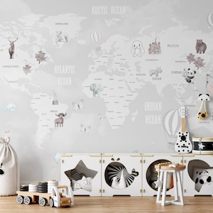 Ozean und Land Namen Luftballons Baby Tiere Weltkarte Tapete selbstklebend Peel and Stick Wand Wand Dekoration abnehmbar