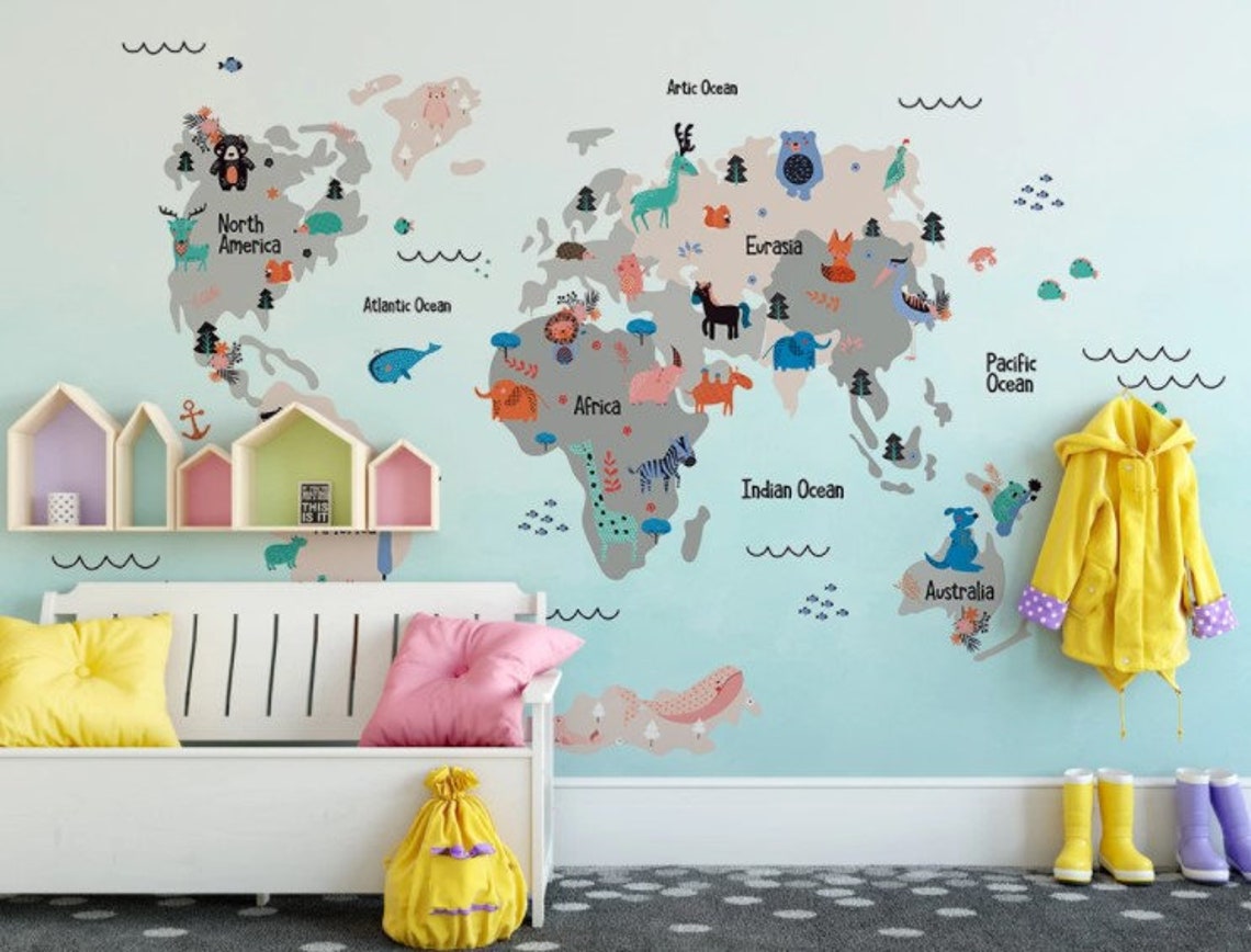Nursery Wallpaper World Map Peel and Stick Kindergarten Wall Etsy