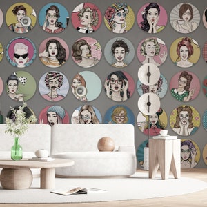 Artista donna volti sul cerchio colorato carta da parati autoadesiva staccare e incollare decorazione da parete minimalista scandinavo rimovibile
