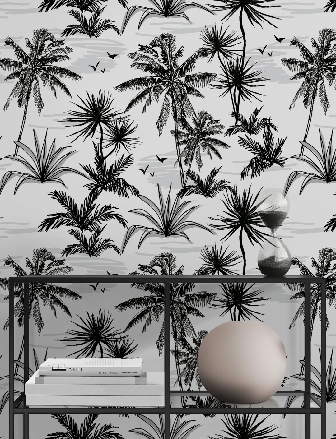 Monochrome Tropical Palm Tree Wallpaper Black and White Peel and Stick ...