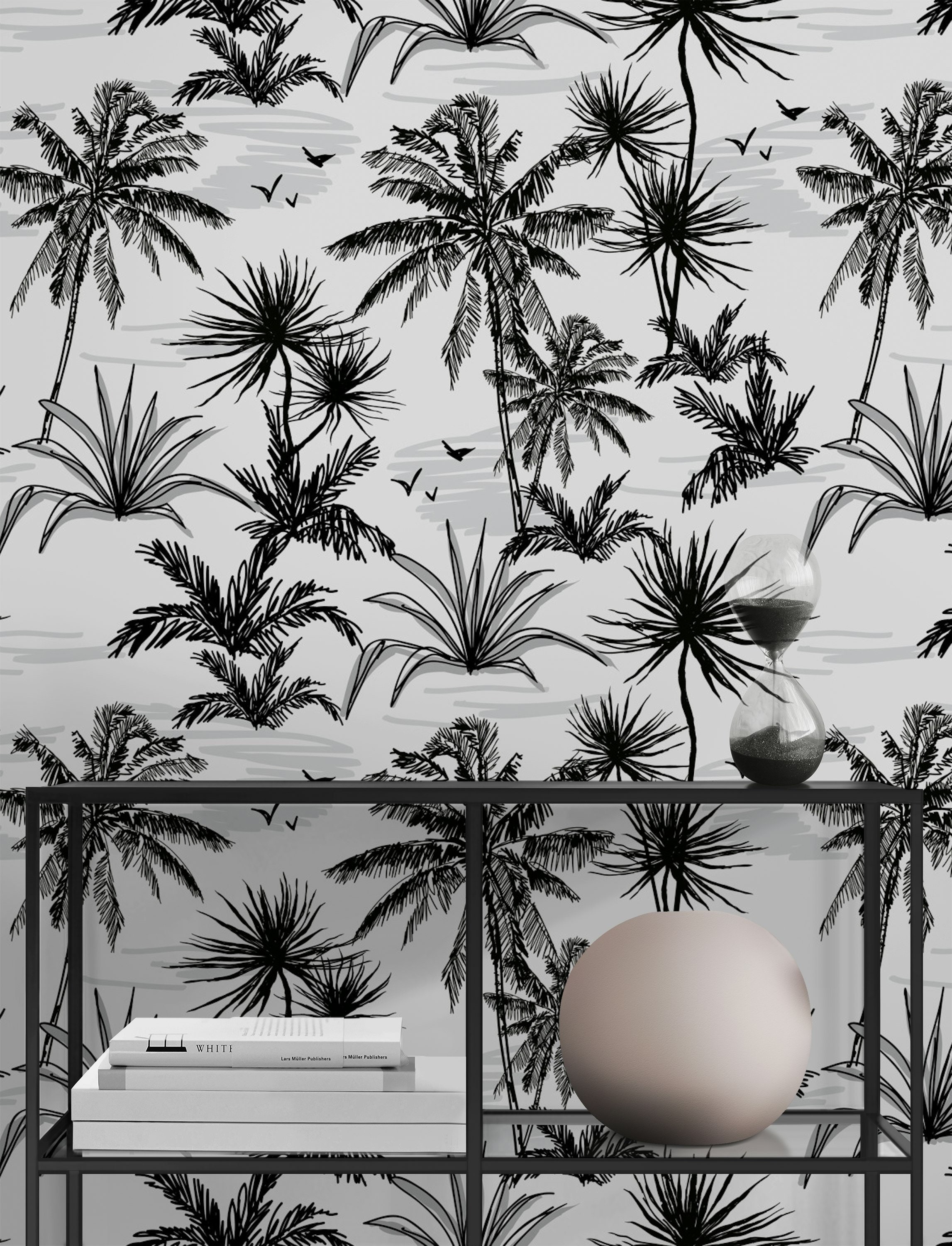 Monochrome Tropical Palm Tree Wallpaper Black and White Peel and Stick Mural Modern Jungle Wall Art