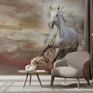 Maestoso cavallo bianco al galoppo attraverso una scena desertica da sogno - Carta da parati con stampa artistica