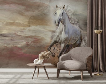 Majestic White Horse Galloping Through Dreamlike Desert Scene - Art Print Wallpaper