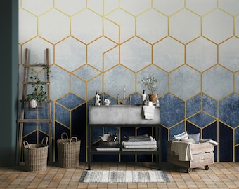 Geometric Abstraction of Hexagons on a Blue Background with Golden Look Elements Wallpaper Self Adhesive Peel & Stick Wall Murals