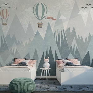 Triangolo Montagne innevate Mongolfiere Natura Landspace Carta da parati autoadesiva Carta da parati staccabile e incollabile Decorazione murale Rimovibile