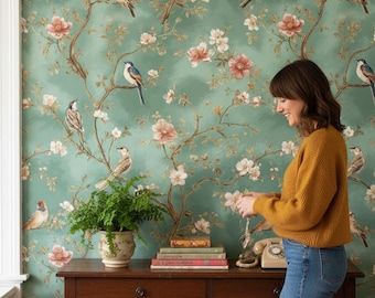 Muted Green Wallpaper Vintage Peel And Stick Floral Wall Mural