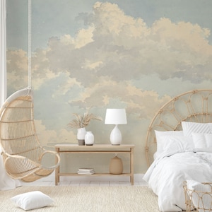 Serene Sky Cloud Wallpaper - Weicher blauer Hintergrund, friedliches Wolkenmuster, verträumtes und ruhiges Wandbild