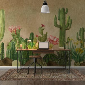 Carta da parati con cactus del deserto verde / Carta da parati adesiva / Decorazione con piante botaniche