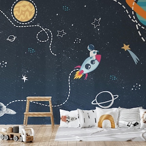 Astronauta su Missile Saturno e Mercurio Pianeta Cometa Stelle Spazio Carta da parati autoadesiva Peel and Stick Decorazione murale rimovibile