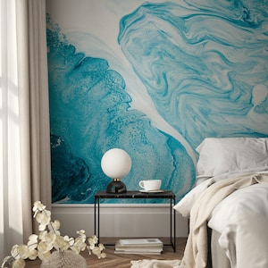 Blue Silver Abstract Ocean Hand Painted Marble Texture Wallpaper Self Adhesive Peel and Stick Wall Mural Wall Decoration Removable