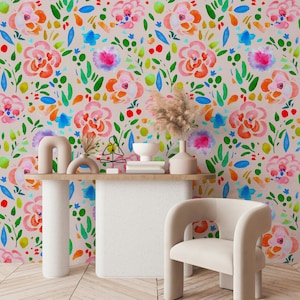 Fiori Acquerello Illustrazione colorata Modello Carta da parati floreale Carta da parati autoadesiva stacca e incolla Decorazione murale Rimovibile