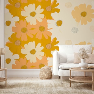 Carta da parati floreale retrò Fiori margherita Arte murale Camomilla arancione Carta da parati Sfondo beige Stacca e incolla