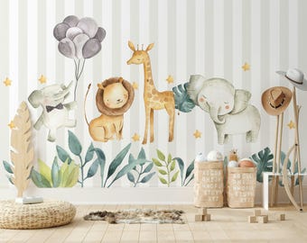 Cute Baby African Animals Wallpaper Self Adhesive Peel & Stick Wall Mural Wall Decoration Minimalistic Scandinavian Removable