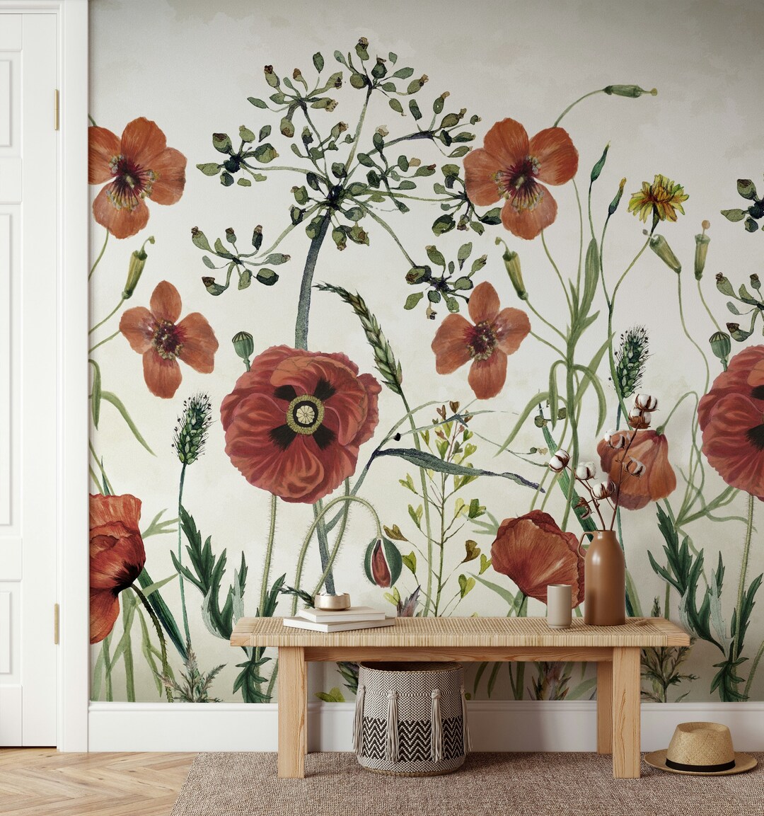 Red Poppy Flowers Modern Design Wallpaper Self Adhesive Peel and Stick ...