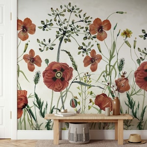 Carta da parati con fiori di papavero rosso, design moderno, autoadesiva, decorazione da parete, decorazione da parete, design scandinavo, rimovibile