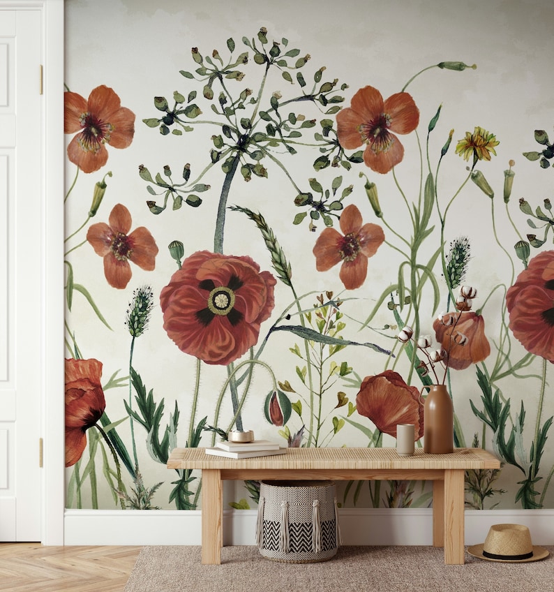 Red Poppy Flowers Modern Design Wallpaper Self Adhesive Peel and Stick ...