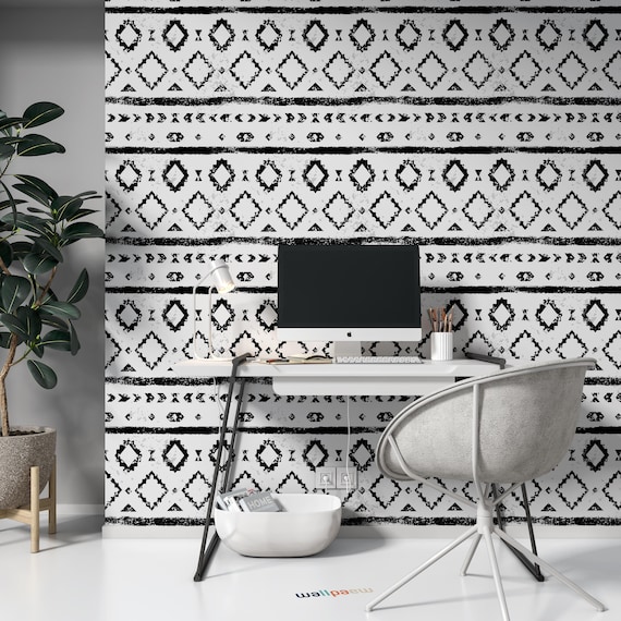 Black and White Aged Geometric Aztec Grunge Pattern Wallpaper | Etsy