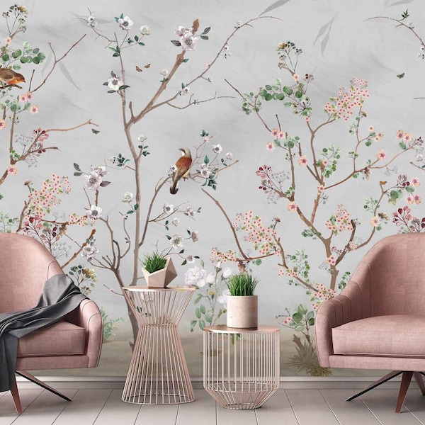 Flowers Birds Floral Background Chinoiserie Wallpaper Self Adhesive Peel and Stick Wall Sticker Wall Decoration Design Removable