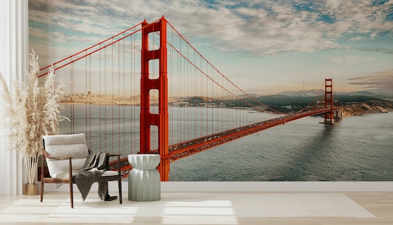 Live Art - Decorazione da parete moderna per la casa, San Francisco Golden Gate Bridge su tela di legno allungato, ponte rosso pronto da appendere, -61 x 91 cm