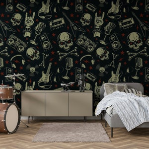 Modello Teschi Ossa Chitarra elettrica Rock'n Roll Stelle rosse Carta da parati autoadesiva Peel and Stick Decorazione da parete Design rimovibile