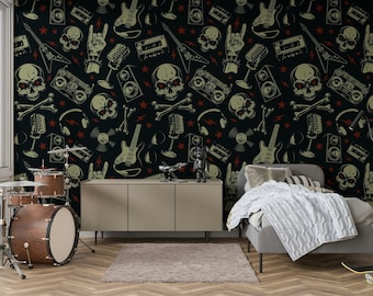 Patroon Schedels Botten Elektrische Gitaar Rock'n Roll Rode Sterren Behang Zelfklevend Peel and Stick Wanddecoratie Ontwerp Verwijderbaar