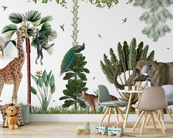 Tropical Plants Giraffe Elephant Peacock Lion Monkey and Birds Wallpaper Self Adhesive Peel and Stick Wall Mural Wall Decoration Removable