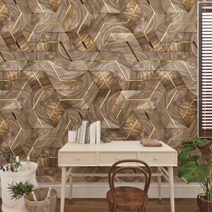 Noce Legno Design Oro Look Decor Geometrico Sfondo Carta da parati Autoadesivo Peel and Stick Wall Murales Decorazione Murale Rimovibile