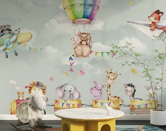 Lion Elephant Fox Rabbit Zebra Pig Bear Air Balloons Cute Baby Animals Wallpaper Self Adhesive Peel & Stick Wall Murals Wall Decoration