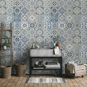 Arab Motif Blue Square Design Wallpaper Self Adhesive Peel and Stick ...