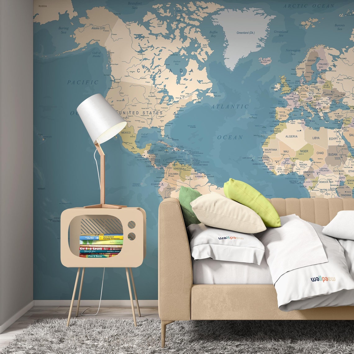 World Map Peel and Stick Wallpaper Blue Oceans Geography Wall Etsy