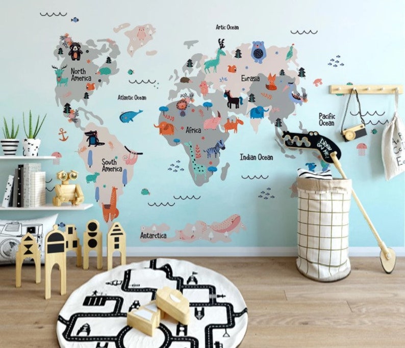 Nursery Wallpaper World Map Peel and Stick Kindergarten Wall Etsy