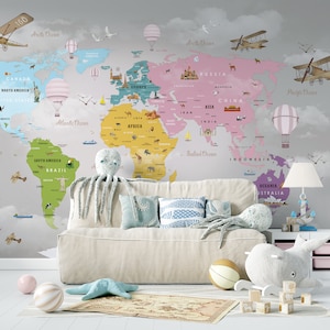 Kinderwereldkaart Wallpape Kleurrijke continenten Schil en plak wanddecoratie
