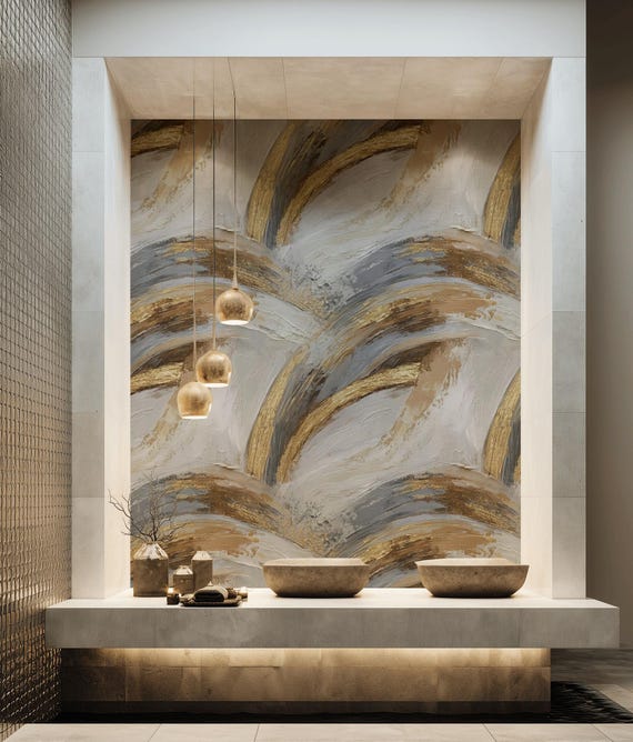 Abstract Gold Look Peel and Stick Wallpaper Brushstrokes Modern Art Wall Mural Neutral Beige Grey Metallic Look