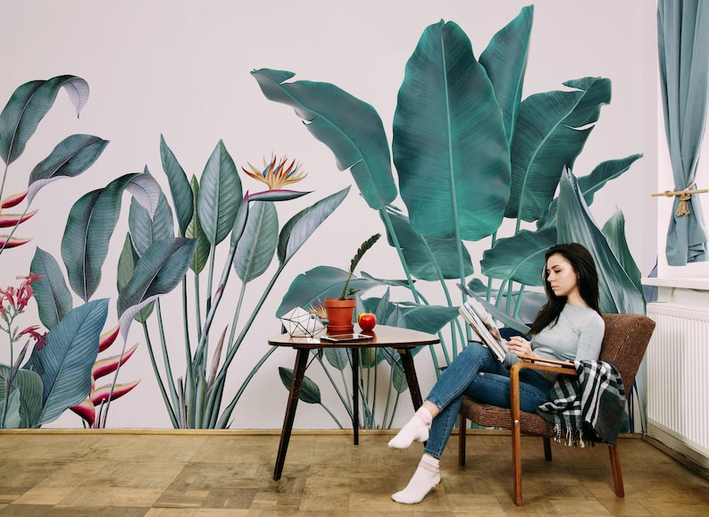 Tropical Green Leaves Wallpaper Mural, Peel and Stick Removable Wall ...