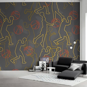 Abstract Red Basketball Ball and Yellow Player on Dark Gray Background Sport Wallpaper Self Adhesive Peel and Stick Wall Murals
